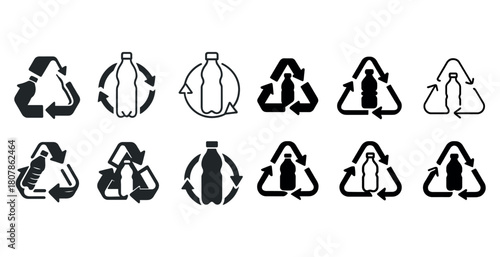 Set of recycling symbols featuring plastic bottles in various circular arrow designs