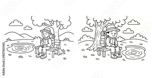 Young caucasian boy sitting on bench near pond in black and white illustration