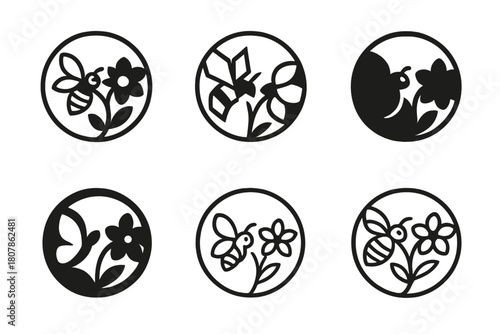 Insect Pollination Logos. insects in pollination. Icon set. Set Logo of insects in pollination: pollination ecosystem circle. harmonious logo variations of the