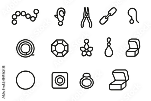 Jewelry Making Icons. Jewelry making. Line icon set of jewelry making: bead string, clasp, pliers, chain, wire coil, gemstone, charm, earring hook, pendant,