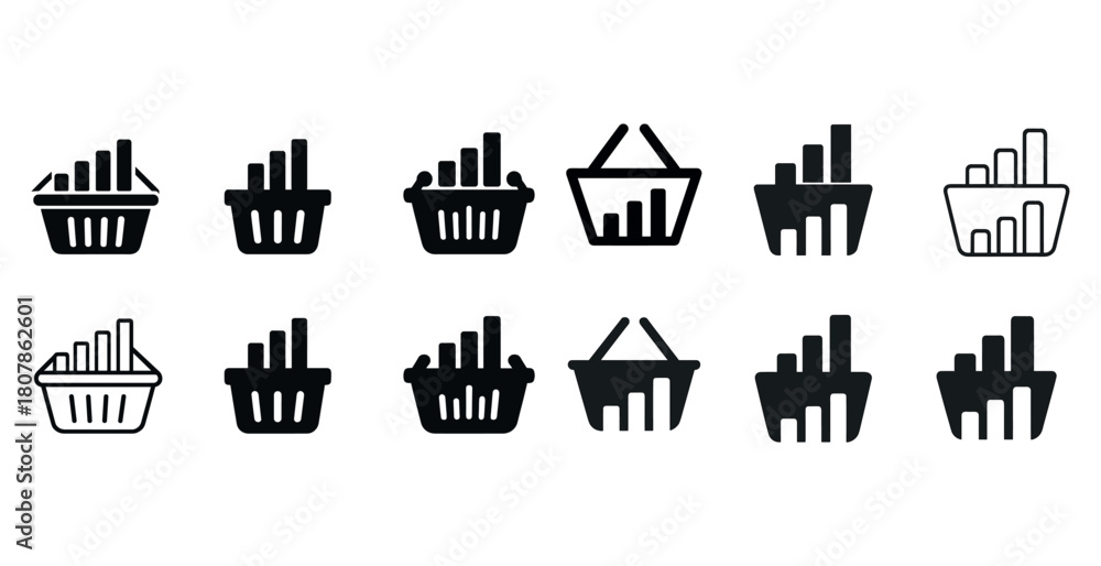 Fototapeta premium Set of shopping basket icons with graphs for analytics and retail concepts