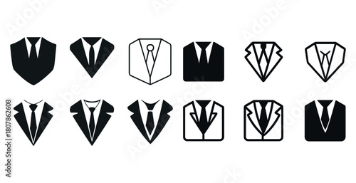 Collection of abstract black and white suit and tie icons in various styles