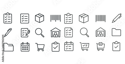 Inventory management icons set: checklist, box, barcode, shopping cart, warehouse
