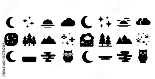 Black silhouette icons of nature elements with trees, moon, clouds, and stars