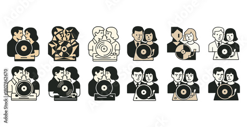 Vintage music icons: diverse male and female figures with vinyl records