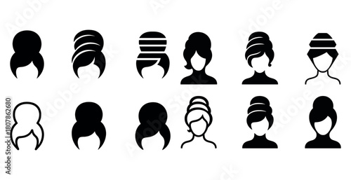 Collection of female silhouettes with various hairstyles featuring buns and updos