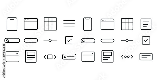 Minimalist interface icons set including window, mobile, and search elements