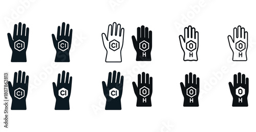 Icon set of hands with chemical elements symbols for chlorine and oxygen