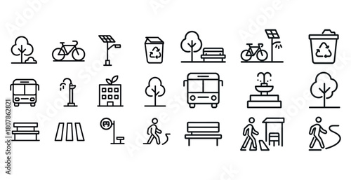 Line icons of eco-friendly urban elements and public transportation