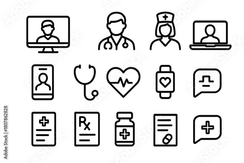 Telehealth Icon Set. Telehealth services. Line icon set of telehealth services: video call, doctor, nurse, laptop, smartphone, stethoscope, heart monitor,
