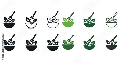 Variety of salad bowl icons with fork in different styles and colors
