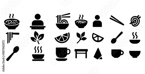 Ramen icons set with chopsticks spoons lemons and herbs
