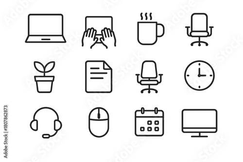 Remote Work Icons. Remote Work. Line icon set of Remote Work: laptop, hands typing, coffee mug, phone, plant, document, chair, clock, headset, mouse, calendar,