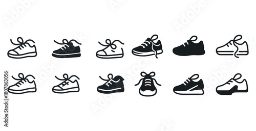 Collection of simple black and white shoe icons with laces in various styles