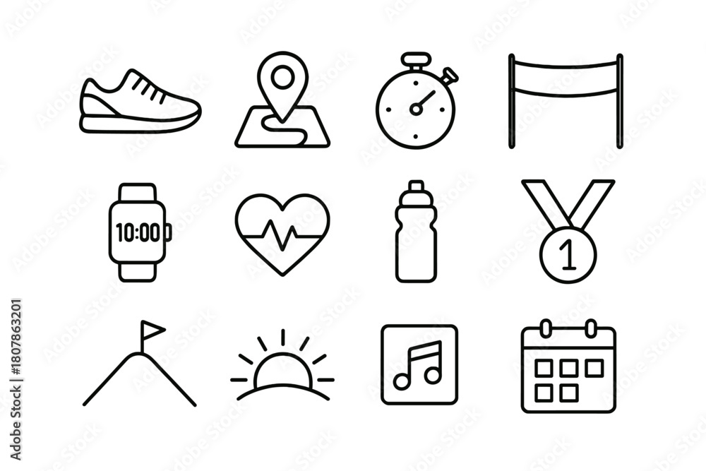 Naklejka premium Running Icons Collection. Running motivation quotes. Line icon set of running motivation quotes: running shoe, route map pin, stopwatch, finish line banner,