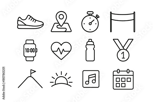 Running Icons Collection. Running motivation quotes. Line icon set of running motivation quotes: running shoe, route map pin, stopwatch, finish line banner,