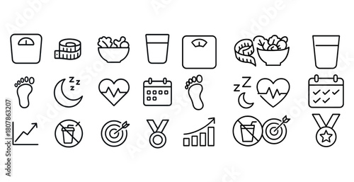 Health and wellness icons: diet, fitness, sleep, and monitoring symbols