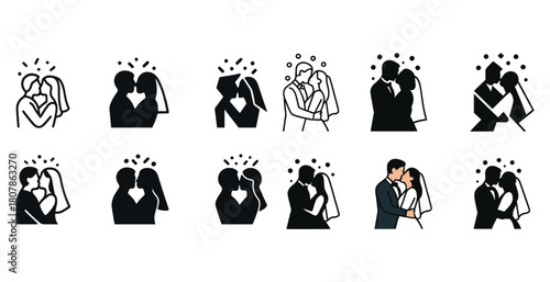 Icon set of bride and groom kissing in various styles and designs