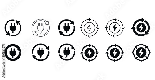 Collection of electric recharge and energy cycle icons in black and white