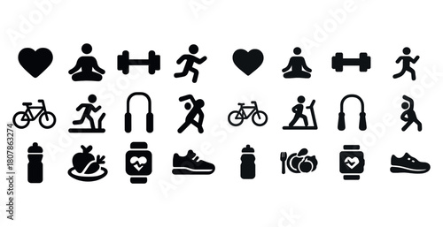 Fitness and health icons set including exercise, yoga, and nutrition symbols