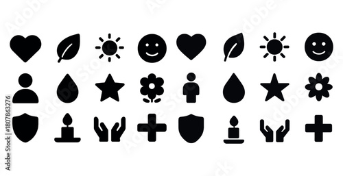 Collection of simple black icon set including heart, leaf, sun, smiley, star, flower, person, shield, candle, hands, plus