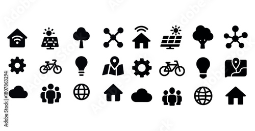 Collection of renewable energy technology and connectivity icons