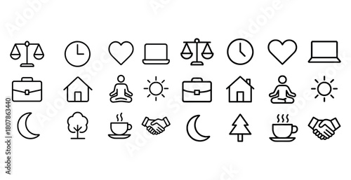 Set of minimalist icons: balance, clock, heart, laptop, meditating figure, sun, briefcase, house, moon, tree, coffee, handshake