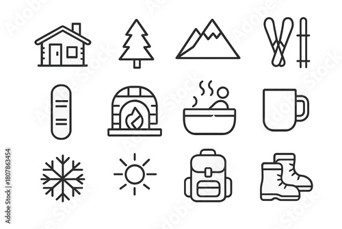 Mountain Resort Icons. Mountain Resort. Line icon set of Mountain Resort: cabin, pine tree, mountain, ski, snowboard, fireplace, hot tub, mug, snowflake, sun,