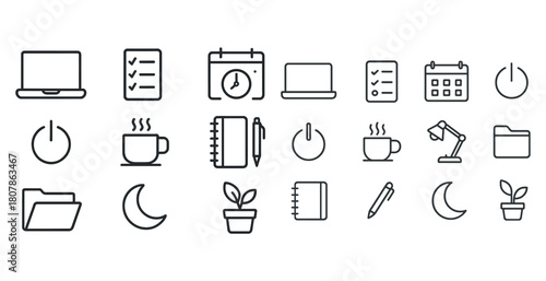 Minimalistic office and productivity icons set featuring technology and workspace elements