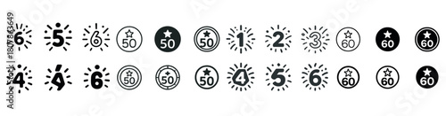 Black and white rating icons with numbers and star symbols
