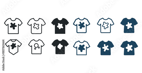 Collection of iconic t-shirt stain designs in black and blue variations