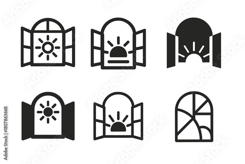 Open Window Icons. Open Window. Icon set. Set Logo of Open Window: Window frame with sunlight. harmonious logo variations of the same emblematic concept, each
