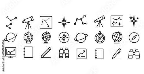 Outline icons of telescopes, constellations, globes, and navigation tools
