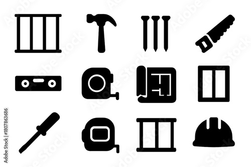 Wall Framing Icons. Wall framing diagram. Solid icon set of wall framing diagram: wall studs, hammer, nails, saw, level tool, measuring tape, blueprint, door