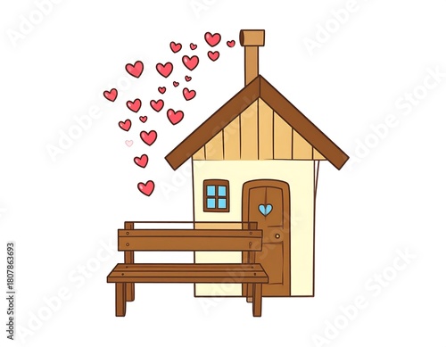 Charming Cartoon House with Love Hearts and a Wooden Bench in a Sweet Scene