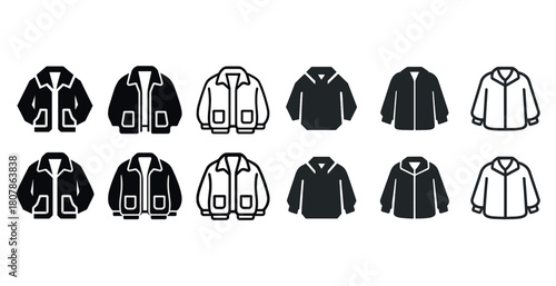 Various styles of jackets in black and white icon set