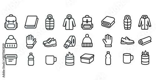 Camping gear icons: backpack, sleeping bag, jacket, hat, gloves, shoes, mug