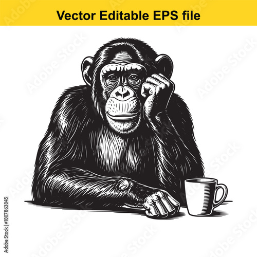A contemplative chimpanzee sits at a table with a cup of coffee, its hand resting on its cheek, isolated on