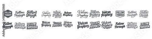 Variety of vintage typography designs for 'follow through' and 'vulcan prophecy'