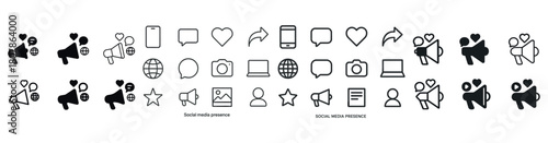 Social media presence icons set: communication tools and engagement symbols