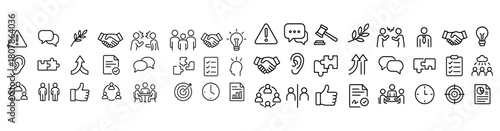 Set of business and communication icons including handshake, lightbulb, and speech bubbles
