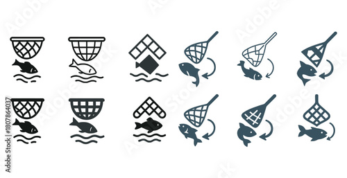 Fish and net icons set featuring various designs and styles for fishing enthusiasts