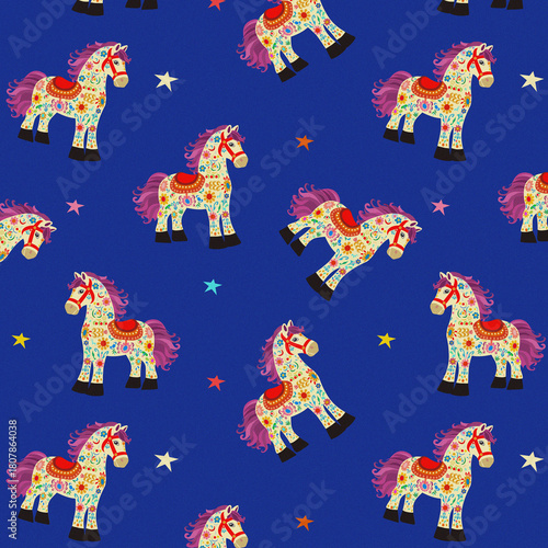 A fabulous cheerful painted horse in bright folkloric colours