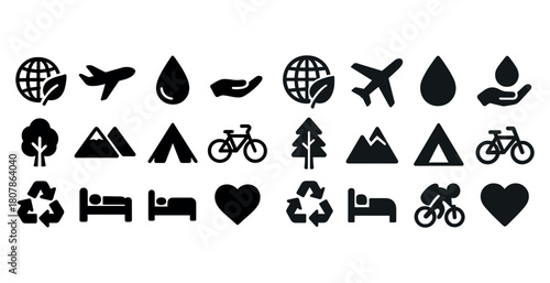 Collection of nature, travel, and eco-friendly icons with diverse symbols