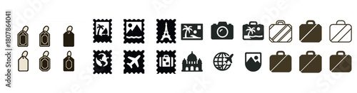 Travel icon set featuring stamps, cameras, suitcases, and tags