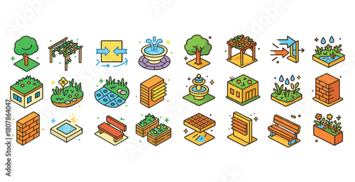 Colorful isometric garden elements: trees, benches, fountains, arbors, and raised beds