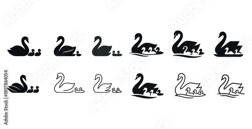 Set of black and white swan icons with chicks in various styles