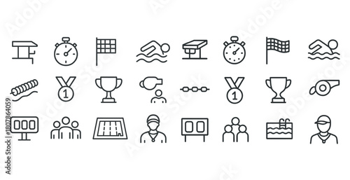 Swimming icons set: competition, training, diving, awards, equipment