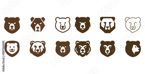 Collection of bear and lion head icons in various styles