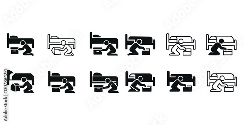 Silhouette figures cleaning and organizing under beds in various positions and styles